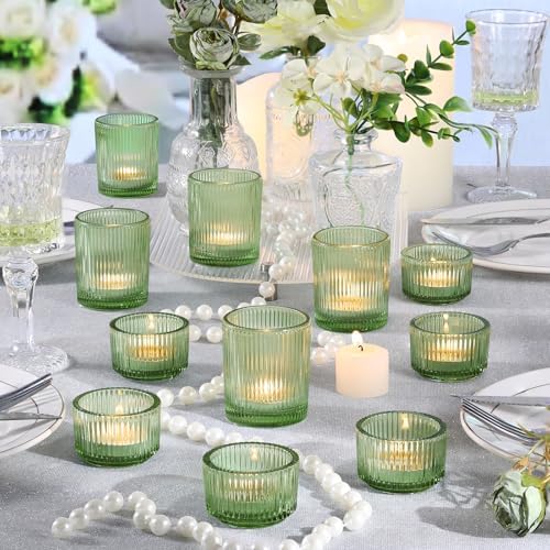 NITIME 10pcs Ribbed Green Votive Candle Holders for Wedding Table Decor, Assorted Tea Light Candle Holder Glass, Green Candle Holders for Table Centerpieces, Brithday and Tea Party Decorations - Image 5