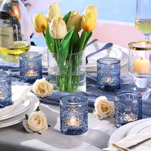 12 Pack Blue Votive Candle Holders, Vintage Blue Candle Holders, Tealight Candle Holder for Wedding Table Centerpieces, Bridal Shower, Home Decor, Birthday, Party Table Decor - Image 4
