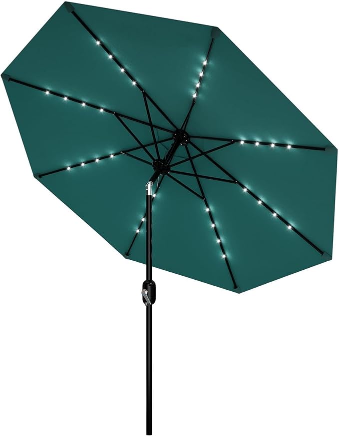 Patio Umbrella with Solar Lights, Outdoor Table Umbrella with 8 Durable Ribs, Tilt & Crank Mechanism, Water & UV Protection Sun Shade Umbrella for Garden, Poolside, Backyard (Turquoise, 10 FT)