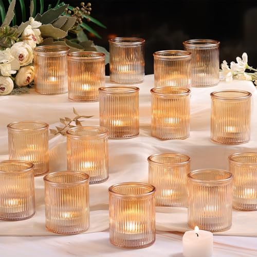 NITIME 32pcs Ribbed Gold Votive Candle Holders for Wedding Table Decor, Tea Light Candle Holder Glass, Gold Candle Holders for Table Centerpiece, Diwali and Holiday Decorations by NITIME