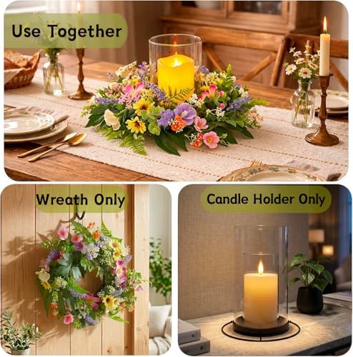 Floral Candle Holder Centerpiece for Table, Glass Hurricane with Detachable Small Floral Wreath, Farmhouse Spring Centerpiece for Dining Table, Wedding, Home Decor - Image 3