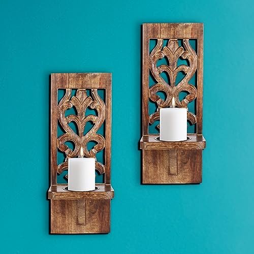 Burnt Wood Wall Sconces Set of 2 - Wall Mounted Pillar Candle Holders for Christmas Decoration, Rustic Wooden Scones, 16 Inch Wall Décor for Living Room & Bedroom - Image 3
