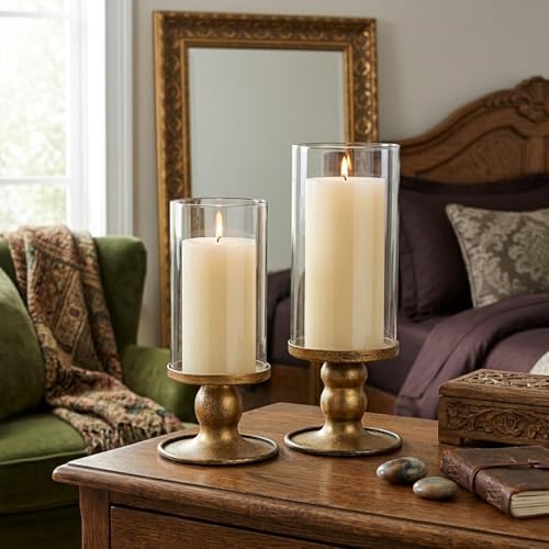 NITIME 2pcs Hurricane Candle Holder for Pillar Candles, Antique Brass Iron Candle Holders with Clear Glass Sleeve for Table Centerpieces, Pillar Candle Holders for Home, Wedding Decor - Image 5