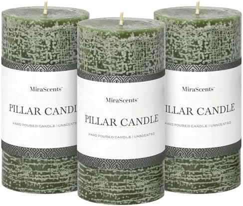 3x6 Inch Moss Green Pillar Candles Set of 3 - Unscented Spring Candles, Long Clean Burning, Large Big Candle, Smokeless Dripless Candle for Home Decor, Dinner Table, Bathroom, Rustic Decor by MiraScents