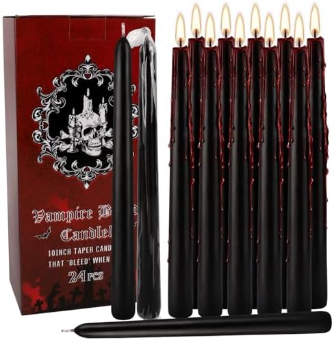 24 Pack Halloween Bleeding Candles, Black Gothic Taper Candles with Realistic Blood Drip Effect, Vampire Decor for Haunted Houses, Horror Theme Parties, Gothic Home Decorations, 9.8 Inch by ECLHTLNY