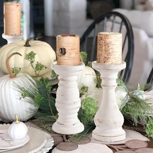 CedarLux Rustic Pillar Candle Holder, 8.5 Inch Tall White Wooden Candlestick Holders, Farmhouse Candle Stands for Pillar Candle, Decorative Wood Candlestick Holders for Living Room, Table Centerpiece - Image 6