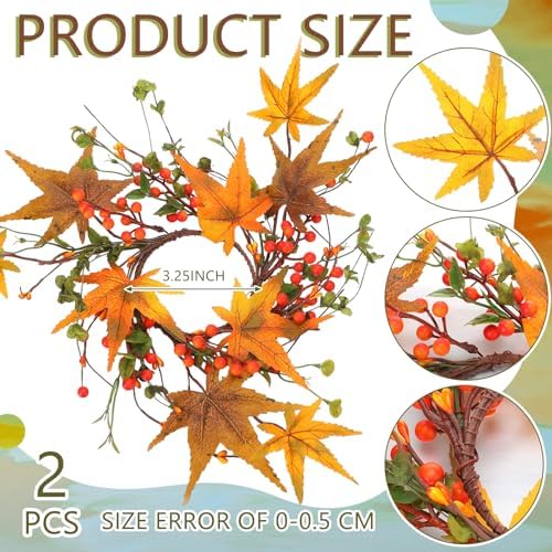Daifunli 2 Pcs Fall Candle Ring Wreath for Pillar 3.5 Inch Maple Leaf Berry | Vintage Autumn Candles Holder, Farmhouse Table Centerpiece, Mini Fall Cabinet Wreath, for Thanksgiving Autumn Kitchen Decor - Image 2