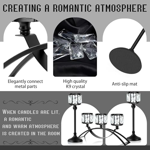 Black Set of 3 Crystal Candle Holders Arched - Elegant Tabletop Candelabra Centerpiece for Weddings, Dining Room Decor, Modern Home & Cabinet Display Housewarming - Image 3