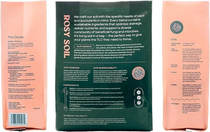 Rosy Soil Cactus & Succulent Potting Mix, 4 Quarts, Pack of 2 | Organic Succulent Potting Soil, Chunky Fast Draining, Peat-Free, Root Boosting Mix, For AloeVera, Cacti, Indoor Succulents