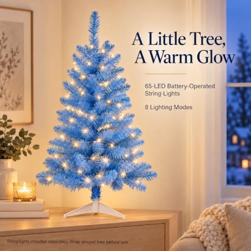 3FT Artificial Christmas Tree with Tinsel and String Lights – Tabletop Small Xmas Tree for Desk, Office, or Small Spaces – Full Branches, Easy Assembly, Holiday Decoration (Baby Blue) - Image 4