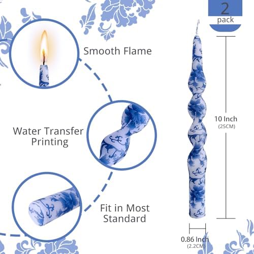NJAO HOO Floral Taper Candles 10 in Spiral Candlesticks Hand Printed Blue and White Candlestick Twisted Taper Candle for Home Garden Decor, 2Pcs - Image 3