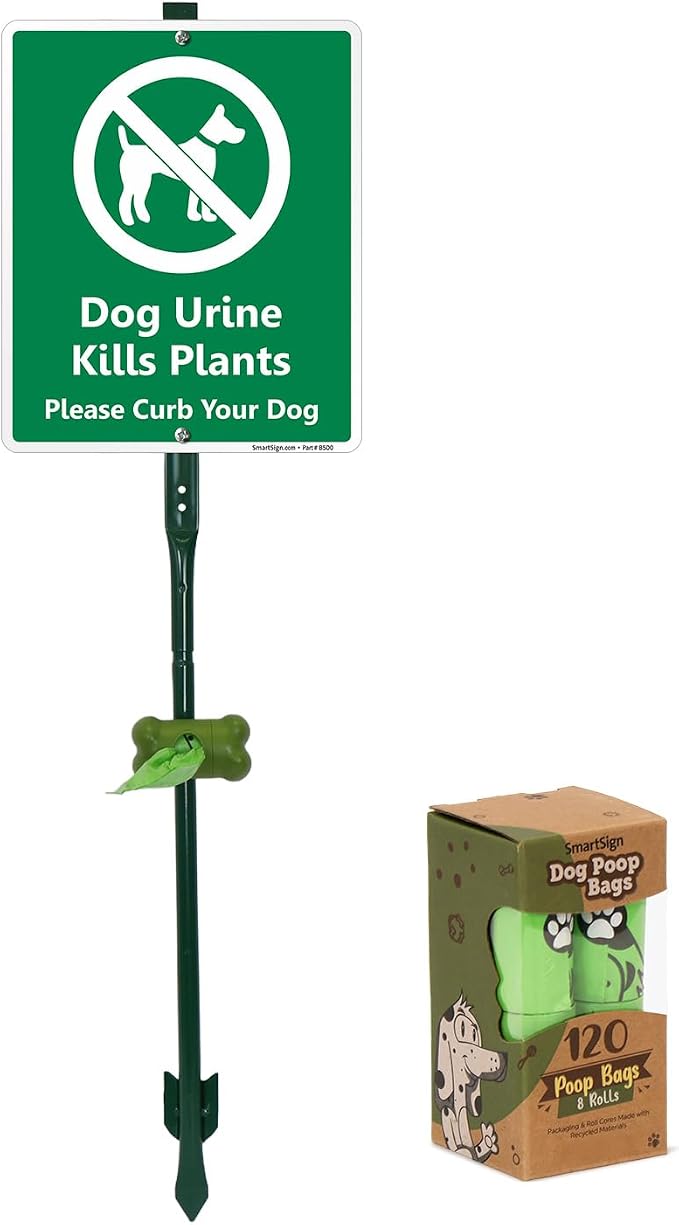 SmartSign Dog Urine Kills Plant Please Curb Your Dog Yard Sign & Clip-On Preloaded Dispenser Combo/Kit with 135 Dog Poop Waste Bags, 10"x12" Rust-proof Aluminum Sign with 3ft Steel Stake