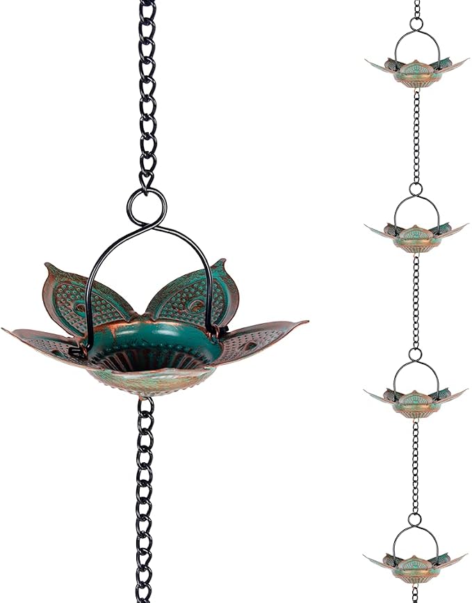 8.3 FT Lotus Rain Chain, Metal Rain Chains for Gutters with 12 Cups, Adjustable Rain Catcher Chain for Eaves Drainage, Replacement for Downspout, Outdoor Decor