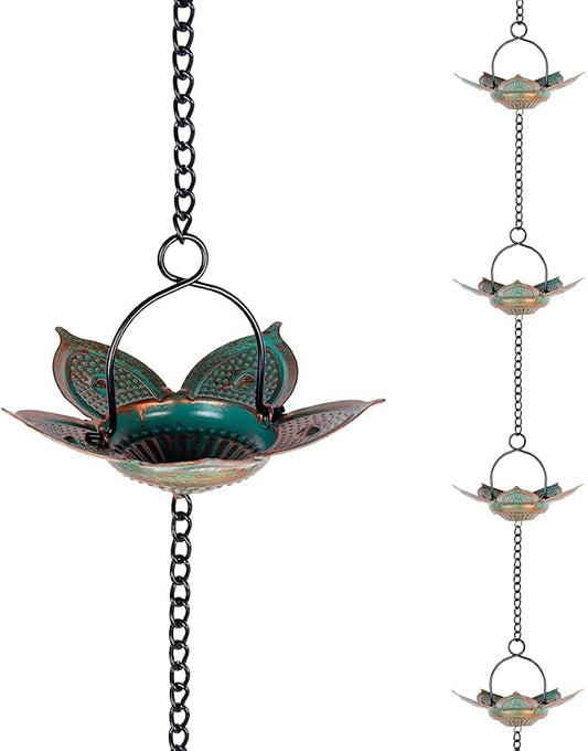 8.3 FT Lotus Rain Chain, Metal Rain Chains for Gutters with 12 Cups, Adjustable Rain Catcher Chain for Eaves Drainage, Replacement for Downspout, Outdoor Decor