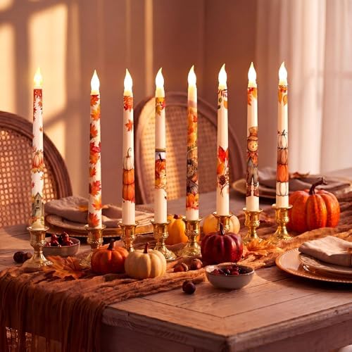 Lounsweer 8 Pcs Fall Flameless Taper Candles LED Candles 10'' Wick Flickering Electric Tall Flameless Candlesticks Battery Operated for Thanksgiving Fall Autumn Home Party Decor - Image 4