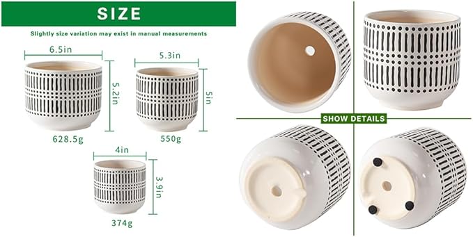 Docrin 3-Pack Ceramic Plant pots Set - 6.5"+5.3"+4" Dual-Tone Flower Pots with Drainage Holes, Modern Indoor Outdoor Planters for Succulents/Herbs/Large Plants, Home Office (Brownish Black & White)