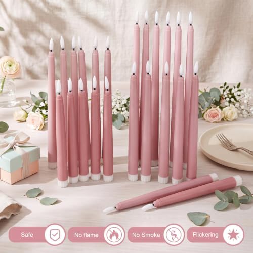Rossesay 24 Pcs Flameless LED Taper Candles Battery Operated Candle 8.5", 9.65", 10.8", 12.8" Flameless Candlesticks Flickering for Christmas Church Wedding Indoor Decoration(Classic, Pink Tones) - Image 5