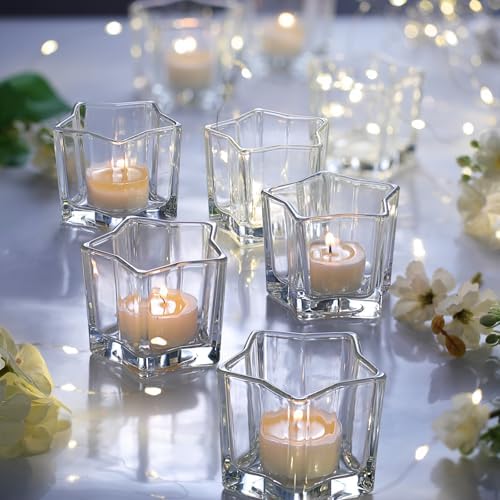 Letine 8pcs Clear Star Tea Light Candle Holders - Glass Votive Holders for Diwali, Wedding Centerpiece, Fall & Holiday Decor - Lucky Star Jar Starlight Vessels (2.44" H, 1.45" Base) by LETINE