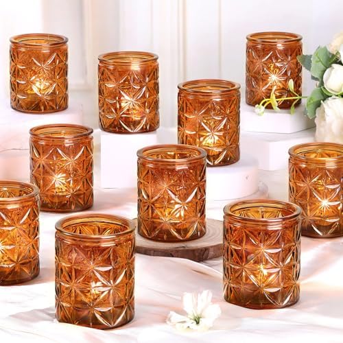 24Pcs Vintage Amber Votive Candle Holders, Amber Glass Tea Lights Candle Holder for Wedding Table Centerpiece,Vintage Boho Party Home Fall Decor,Thanksgiving and Christmas by TripodBird
