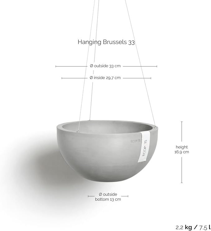 Ecopots Hanging Brussels Durable Modern Round Indoor/Outdoor Recycled-Based Composite Flower Pot Planter, White Grey, 13"