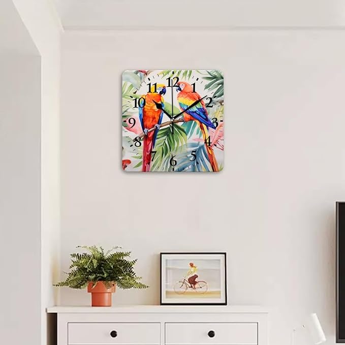 Quartz Wall Clocks Non-Ticking Silent Battery Operated Modern Wall Clocks Decorative for Home,Bedroom-Watercolor Painting of Beautiful Tropical Parrots(10inch)