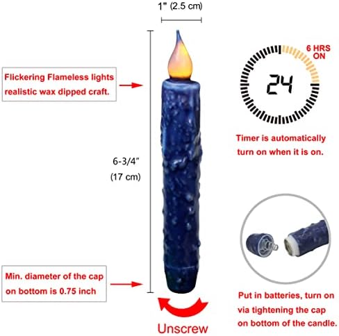 CVHOMEDECO. Real Wax Hand Dipped Battery Operated LED Timer Taper Candles Rustic Primitive Flameless Lights Decor, 6-3/4 Inch, Navy Blue, 2 PCS in a Package - Image 6