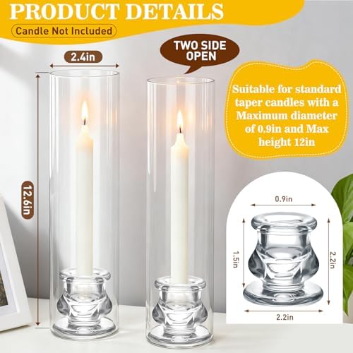 12 Set Hurricane Glass Candlestick Holders 12.6" Two Side Open Glass Candle Holders and 2.2" Taper Candlesticks Holder Bulk for Table Centerpiece Wedding Christmas Home Decor - Image 2