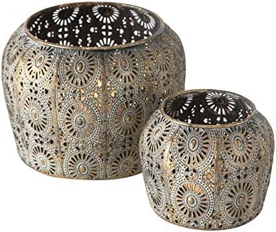 2 Piece Daisy Hurricane Lantern Set, Distressed Gold by WHWWholeHouseWorlds