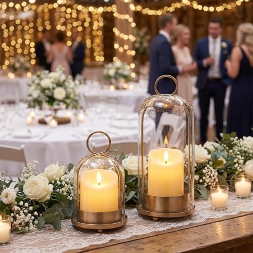 Brass Hurricane Handmade Sturdy Glass Dome Candle Holders with Glass Cover, Set of 2 Flameless Battery Operated LED Pillar Candles and Remote, Elegant Cloche Lantern for Modern Table Centerpiece - Image 2