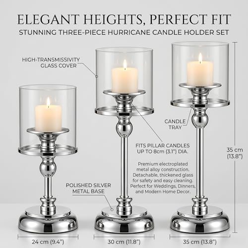 3PCS Sliver Hurricane Candle Holders, Glass Hurricane Candlestick Holders for Pillar Candles, Tall Metal Candle Holders with Removable Glass Shade for Wedding Centerpieces, Dining Table Decor - Image 2