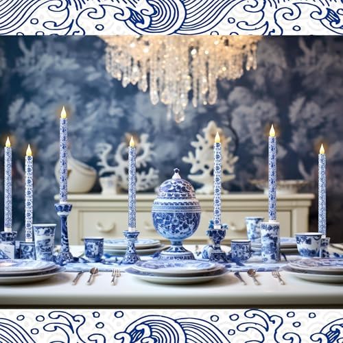 6 Pcs Blue and White Chinoiserie Flameless Candles – 10.6 Inch Porcelain Style Taper Candlesticks, Battery Operated LED Blue Candles for Wedding, Home & Table Centerpiece Decor - Image 6