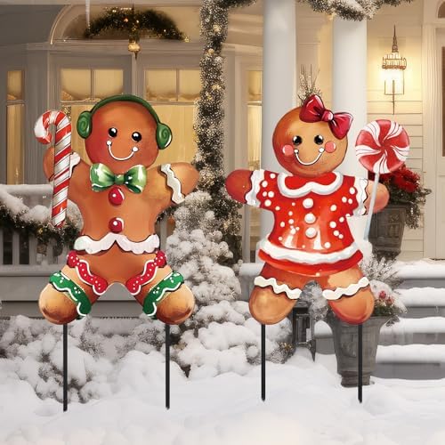 Zonon 2 Pcs Christmas Metal Yard Stakes 3D Gingerbread Boy Girl 27.5 Inch - Image 3