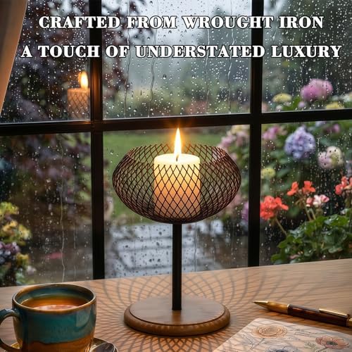 Vintage Black Metal Pillar Candle Holder with Bamboo Base, Rustic Candle Tray Stand for Table Centerpiece, Wooden Candle Plate for Vintage Home Decor, Decorative Black Metal Candle Decor - Image 6
