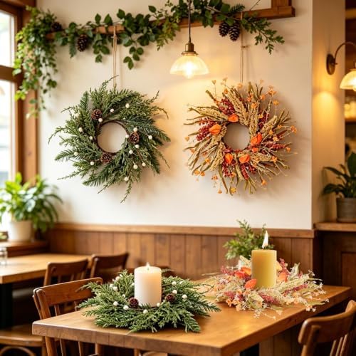 4 Pcs Fall Christmas Candle Rings Wreaths Mini Thanksgiving Xmas Wreath Holder Table Centerpiece Small Autumn Swags Wreath for Kitchen Cabinets Pillar Farmhouse Home Porch Window Wall Porch Decor - Image 4
