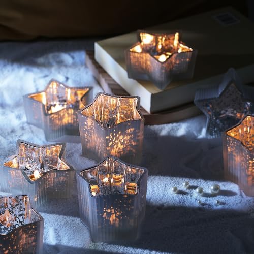 Letine 10pcs Frosted Silver Ribbed Star Candle Cups - Assorted Height Tea Light Candle Holders, Mercury Glass Votives for Wedding, Fall Table Centerpiece& Holiday Decorations (Tall 2.44", Short 1.57") by LETINE