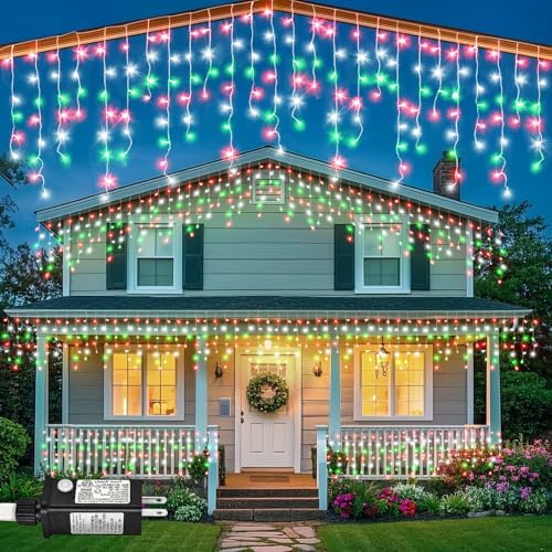 66ft Icicle Lights for Outside, Red White and Green Christmas Lights Outdoor Indoor, 640 LED Twinkle String Light with 120 Drops, Clear Wire Connectable Timer for Thanksgiving Room Home Wall Bedroom by Nielfoi