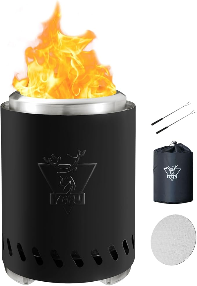 YEFU tabletop fire pit, low smoke design, black, with travel bag and mini sticks