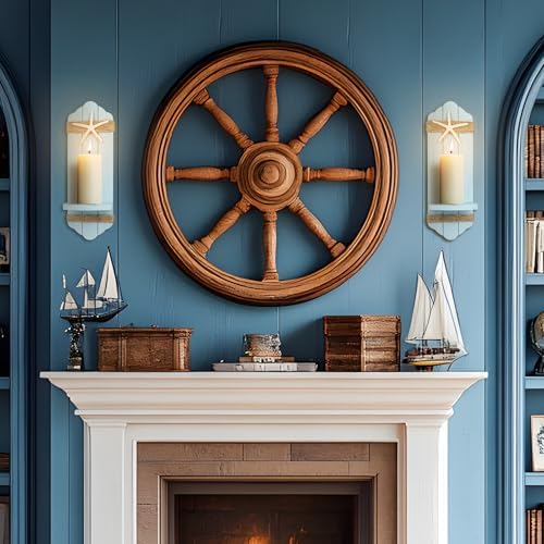 Wall Candle Sconces Set of Two,Beach Starfish Blue Wood Wall Candle Holder Decor, Farmhouse Wooden Candle Holder Wall Decorations for Fireplace, Hallway, Living Room, Bedroom - Image 5