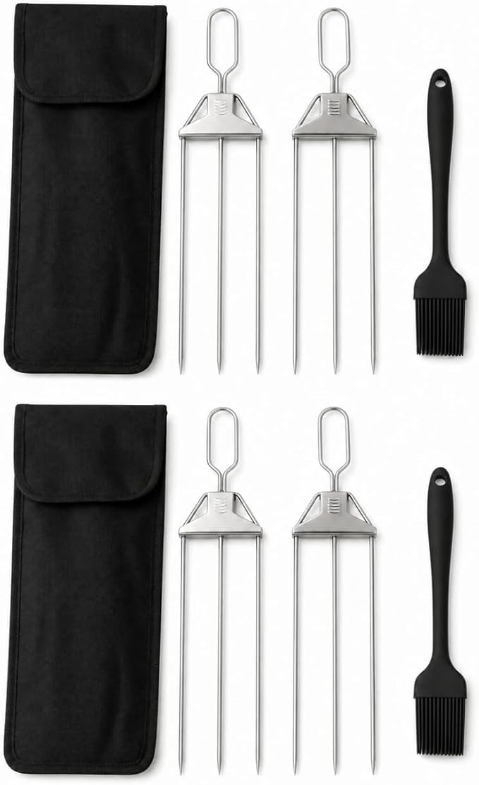 （4pcs）3 Prong Stainless Steel BBQ Skewers, Yuirote Reusable 3 Way Grilling Skewers with Push-Off Design, Heavy Duty Metal Kabob Skewer Sticks for Outdoor Barbecue Cooking Accessories