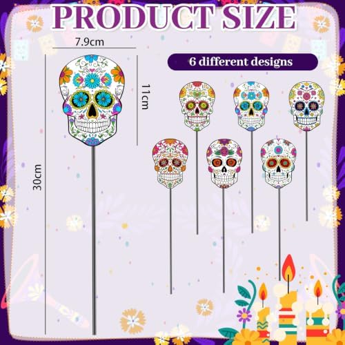6 Pcs 12 Inch Day of The Dead Sugar Skull Halloween Garden Stakes - Image 2