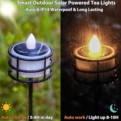 Solar Tea Lights Outdoor Waterproof, 8pcs Rechargeable Dusk to Dawn Little Solar Votive Candles, Flameless Flickering Small Light for Lantern Window DIY Chandelier Patio Deck Garden Decor (Warm White) - Image 3