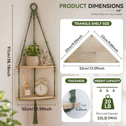 Artilady Corner Shelf Macrame Wall Hanging, Adjust Boho Storage Art, 2 Tier - Image 2