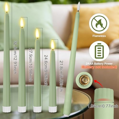 Rossesay 24 Pcs Flameless LED Taper Candles Battery Operated Candle 8.5", 9.65", 10.8", 12.8" Flameless Candlesticks Flickering for Christmas Church Wedding Indoor Decoration(Classic, Rat Tail Green) - Image 2