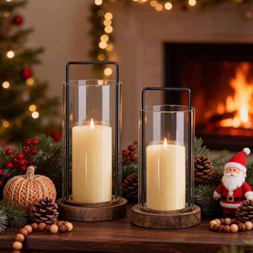 Houmury Farmhouse Candle Holder Decor Boho Glass Hurricane Lantern for Table Centerpieces Set of 2 Decorative Wood Metal Candle Holders for Living Room Dining Patio Home Decoration (Brown) - Image 4