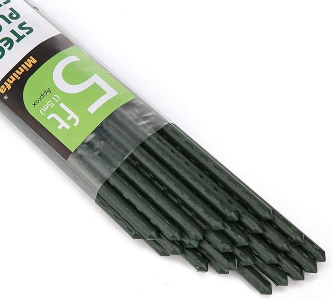 Mininfa Steel Plant Stakes 4.75 Feet, Plastic Coated Metal Garden Stakes Supports Climbing for Tomatoes, Trees, Beans, 25 Pack