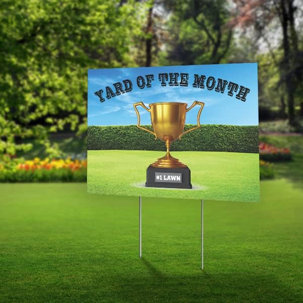 SignPro Yard of The Month Lawn Sign | Trophy Award Yard Sign | #1 Lawn of the Month Sign | 24" x 18" Corrugated Plastic Yard Signs with H Stakes | Double Sided (Generic)