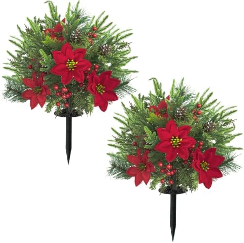 Artificial Christmas Topiary Ball Trees 23", Set of 2 Poinsettia Cedar Faux Shrubs with Ground Spikes, UV Resistant Faux Evergreen Artificial Outdoor Plants for Front Porch Garden Decor by Unknown