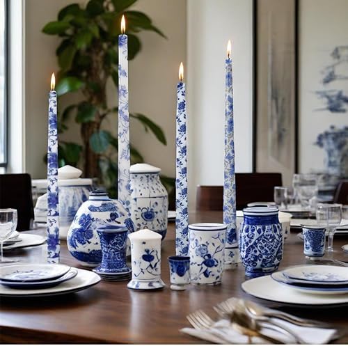10 inche Floral Candle Sticks Printed Candlestick 4 Pack Blue and White Porcelain Unscented Taper Candle Long Blue Flower Tapered Candles for Home Dinner Wedding Holiday - Image 6
