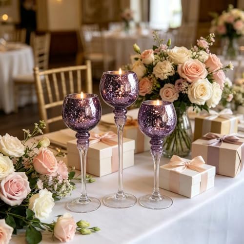 Hosley Set of 3 Crackle Purple Glass Tealight Holders 12 Inch, 10 Inch, 9 Inch Heights for Captivating Candlelight Ambiance Radiant Elegance - Image 4