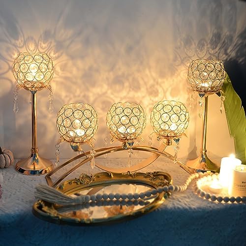 Set of 3 Gold Crystal Tea Light Candlestick Holders Flower Shape with Crystal Pendant Bowl Votive Metal Candle Holder for Table Centerpieces Wedding Home Decor (Set of 3, Gold) - Image 4